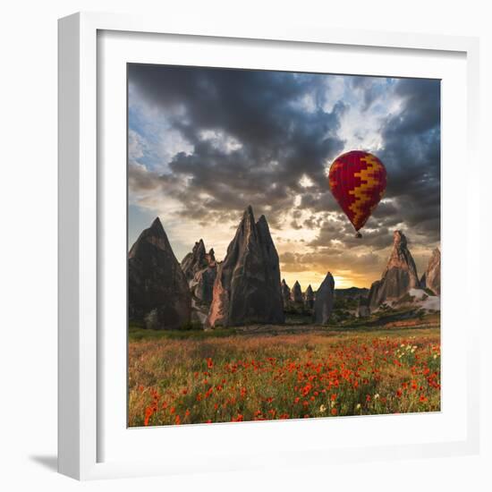 Hot Air Balloon Flying over Red Poppies Field Cappadocia Region, Turkey-Tetyana Kochneva-Framed Photographic Print