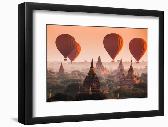 Hot Air Balloon over Plain of Bagan in Misty Morning, Myanmar-lkunl-Framed Photographic Print