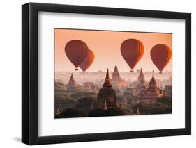 Hot Air Balloon over Plain of Bagan in Misty Morning, Myanmar-lkunl-Framed Photographic Print