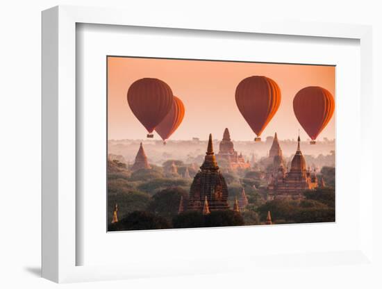 Hot Air Balloon over Plain of Bagan in Misty Morning, Myanmar-lkunl-Framed Photographic Print