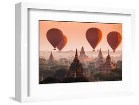 Hot Air Balloon over Plain of Bagan in Misty Morning, Myanmar-lkunl-Framed Photographic Print