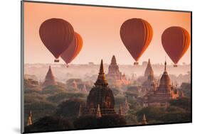 Hot Air Balloon over Plain of Bagan in Misty Morning, Myanmar-lkunl-Mounted Photographic Print