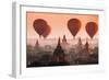 Hot Air Balloon over Plain of Bagan in Misty Morning, Myanmar-lkunl-Framed Photographic Print