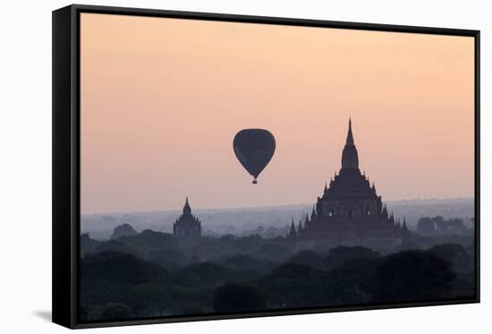 Hot Air Balloon over Temples on a Misty Morning at Dawn, Bagan (Pagan), Myanmar (Burma)-Stephen Studd-Framed Stretched Canvas