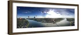 Hot Air Balloons Flying over a River, Saint-Jean-Sur-Richelieu, Quebec, Canada-null-Framed Photographic Print