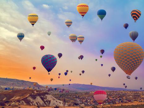 Hot Air Balloons Flying over Mountains Landscape Sunset Vintage Nature  Background' Photographic Print - Danilin VladyslaV Travel 