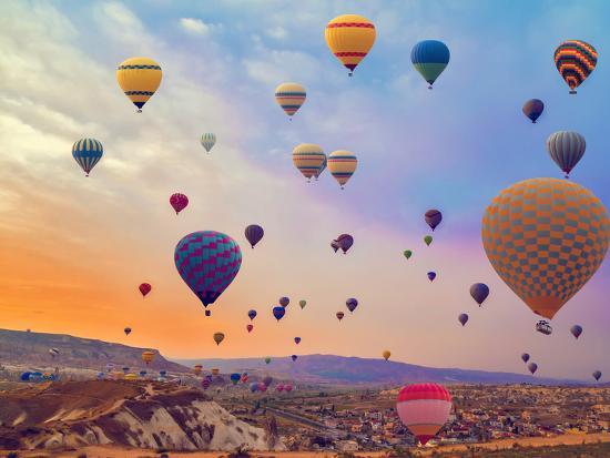 Hot Air Balloons Flying over Mountains Landscape Sunset Vintage Nature Background' Photographic Print - VladyslaV Travel | AllPosters.com