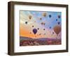 Hot Air Balloons Flying over Mountains Landscape Sunset Vintage Nature Background-Danilin VladyslaV Travel-Framed Photographic Print