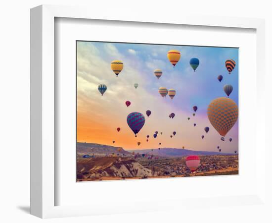 Hot Air Balloons Flying over Mountains Landscape Sunset Vintage Nature Background-Danilin VladyslaV Travel-Framed Photographic Print