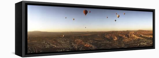 Hot Air Balloons over Landscape at Sunrise, Cappadocia, Central Anatolia Region, Turkey-null-Framed Stretched Canvas