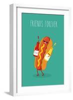 Hot Dog, Mustard and Ketchup.Vector Cartoon. Fast Food. Friends Forever.-Serbinka-Framed Art Print