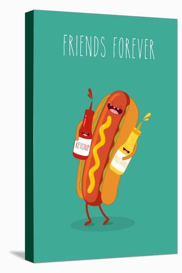 Hot Dog, Mustard and Ketchup.Vector Cartoon. Fast Food. Friends Forever.-Serbinka-Stretched Canvas