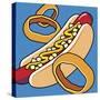 Hot Dog Onion Rings On Blue-Ron Magnes-Stretched Canvas