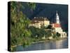 Hotel Schloss along Danube River, Durnstein, Austria-David Herbig-Stretched Canvas