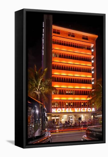 Hotel 'Victor' at Night, Ocean Drive, Miami South Beach, Art Deco District, Florida, Usa-Axel Schmies-Framed Stretched Canvas
