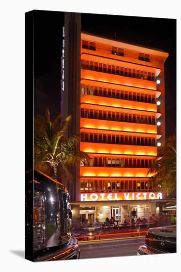Hotel 'Victor' at Night, Ocean Drive, Miami South Beach, Art Deco District, Florida, Usa-Axel Schmies-Stretched Canvas
