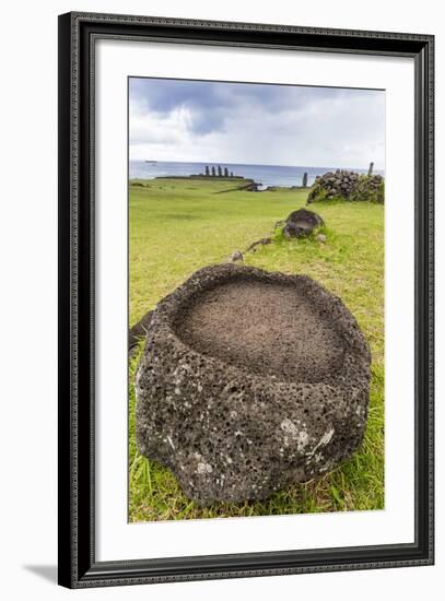 House Foundation and Seven Moai in the Tahai Archaeological Zone-Michael-Framed Photographic Print