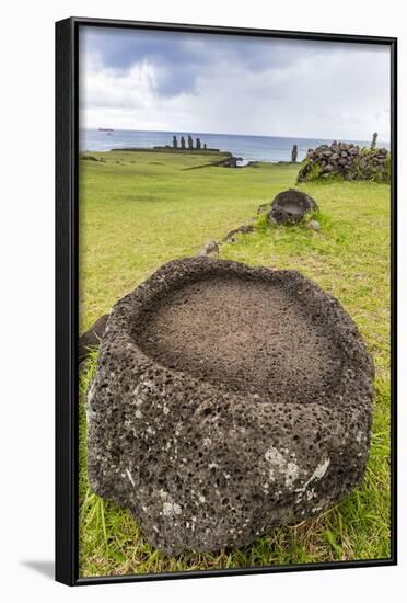 House Foundation and Seven Moai in the Tahai Archaeological Zone-Michael-Framed Photographic Print