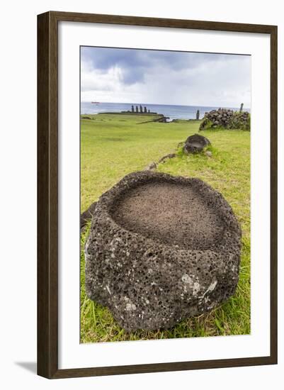 House Foundation and Seven Moai in the Tahai Archaeological Zone-Michael-Framed Photographic Print