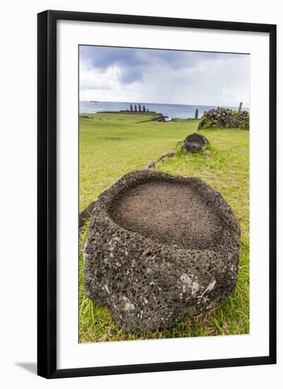 House Foundation and Seven Moai in the Tahai Archaeological Zone-Michael-Framed Photographic Print