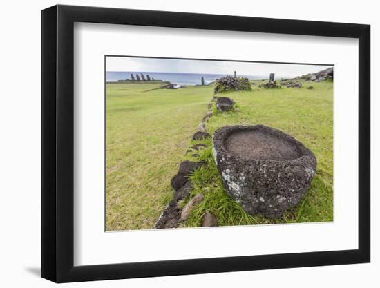 House Foundation and Seven Moai in the Tahai Archaeological Zone-Michael-Framed Photographic Print