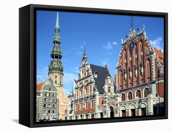 House of Blackheads and St Peters Church, Riga, Latvia-Peter Thompson-Framed Stretched Canvas