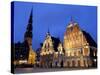 House of the Blackheads at Night, Town Hall Square, Ratslaukums, Riga, Latvia, Baltic States-Gary Cook-Stretched Canvas