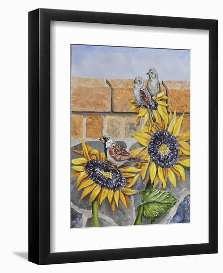 House Sparows with Sunflowers-Charlsie Kelly-Framed Giclee Print