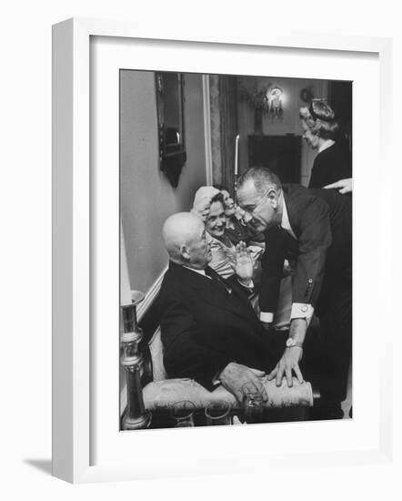 House Speaker Sam Rayburn Talking with Senate Leader Lyndon Johnson During a Social Event-null-Framed Photographic Print