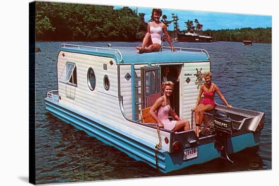 Houseboat with Bathing Beauties-null-Stretched Canvas