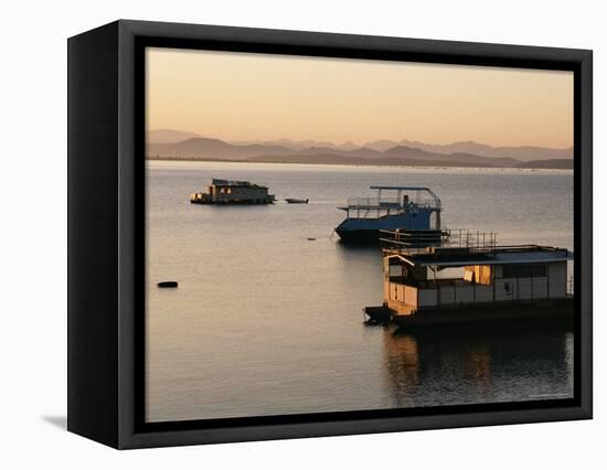 Houseboats at Dawn at Cutty Sark Hotel Marina, Lake Kariba, Zimbabwe, Africa-David Poole-Framed Stretched Canvas