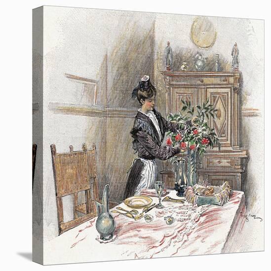 Housemaid Decorating the Table with a Vase of Flowers-null-Stretched Canvas
