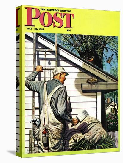 "Housepainter and Bird's Nest," Saturday Evening Post Cover, May 12, 1945-Stevan Dohanos-Stretched Canvas