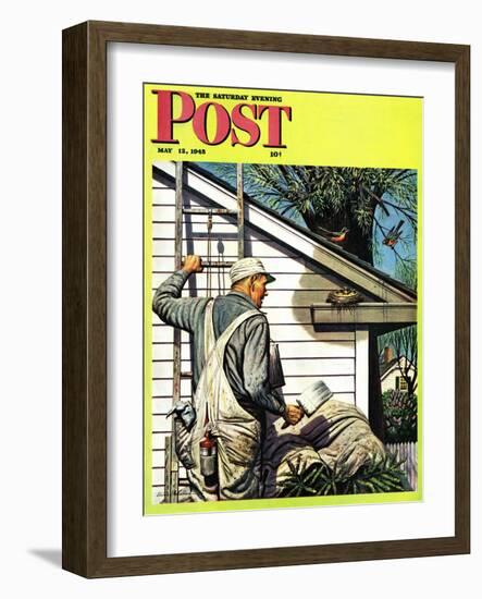 "Housepainter and Bird's Nest," Saturday Evening Post Cover, May 12, 1945-Stevan Dohanos-Framed Premium Giclee Print