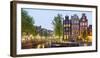 Houses Along Canal at Dusk at Intersection of Herengracht and Brouwersgracht, Amsterdam-null-Framed Photographic Print