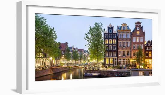 Houses Along Canal at Dusk at Intersection of Herengracht and Brouwersgracht, Amsterdam-null-Framed Photographic Print