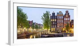 Houses Along Canal at Dusk at Intersection of Herengracht and Brouwersgracht, Amsterdam-null-Framed Photographic Print