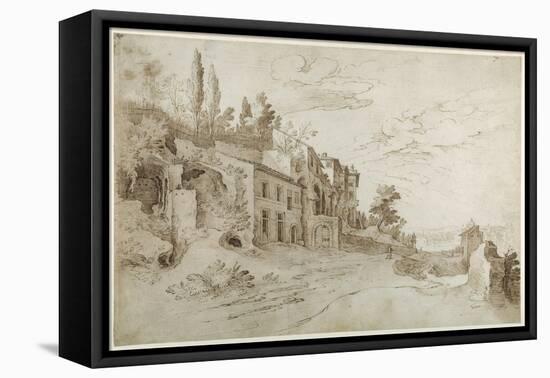 Houses Among the Ruins with a Distant View of Rome (Pen and Ink with Wash on Paper)-Sebastian Vrancx-Framed Stretched Canvas