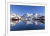 Houses and Mountains Reflected in the Waters of Henningsvaer Fjord. Lofoten Islands. Norway. Europe-ClickAlps-Framed Photographic Print