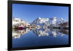 Houses and Mountains Reflected in the Waters of Henningsvaer Fjord. Lofoten Islands. Norway. Europe-ClickAlps-Framed Photographic Print