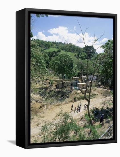 Houses and People Walking in Dry River Bed Caused by Erosion, Near Petionville, Haiti, West Indies-Lousie Murray-Framed Stretched Canvas