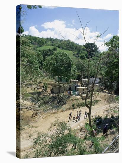 Houses and People Walking in Dry River Bed Caused by Erosion, Near Petionville, Haiti, West Indies-Lousie Murray-Stretched Canvas