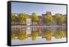 Houses and Shops Reflecting in a Pond, Cologne, North Rhine-Westphalia, Germany, Europe-Julian Elliott-Framed Stretched Canvas