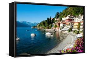Houses at Waterfront with Boats on Lake Como, Varenna, Lombardy, Italy-null-Framed Stretched Canvas