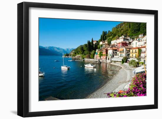 Houses at Waterfront with Boats on Lake Como, Varenna, Lombardy, Italy-null-Framed Photographic Print