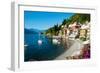 Houses at Waterfront with Boats on Lake Como, Varenna, Lombardy, Italy-null-Framed Photographic Print