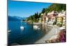 Houses at Waterfront with Boats on Lake Como, Varenna, Lombardy, Italy-null-Mounted Photographic Print