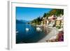 Houses at Waterfront with Boats on Lake Como, Varenna, Lombardy, Italy-null-Framed Photographic Print