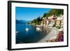 Houses at Waterfront with Boats on Lake Como, Varenna, Lombardy, Italy-null-Framed Photographic Print