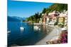 Houses at Waterfront with Boats on Lake Como, Varenna, Lombardy, Italy-null-Mounted Photographic Print